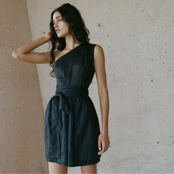 NWT DOEN Yvonne Linen Elegant Black One-Shoulder Belted Mini Dress XL - Picture 1 of 2